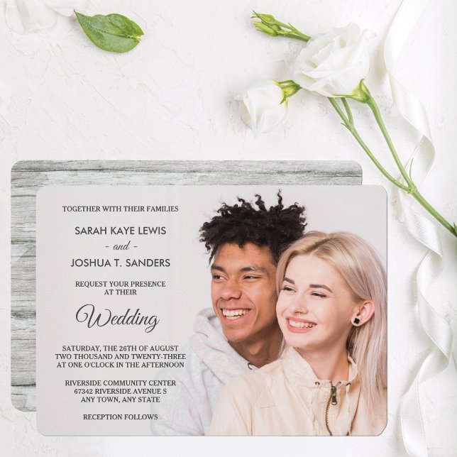 Gray Wood Back Right Side Photo Wedding Invitation (Creator Uploaded)