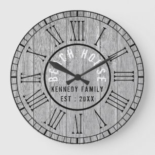 Gray Wood Beach House Black Roman Numeral Large Clock