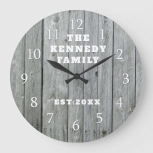 Gray Wood Family Name  Farmhouse Personalized Large Clock