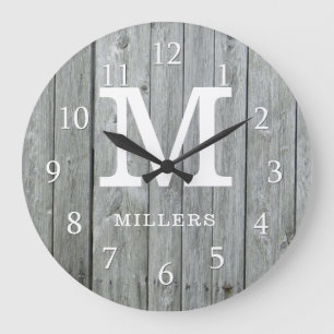 Gray Wood Farmhouse Monogram Large Clock