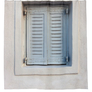 GRAY WOODEN 2-DOOR WINDOW CLOSED SHOWER CURTAIN