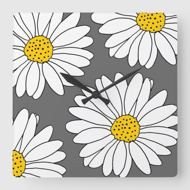Gray Yellow and White Daisies Square Wall Clock (Front)
