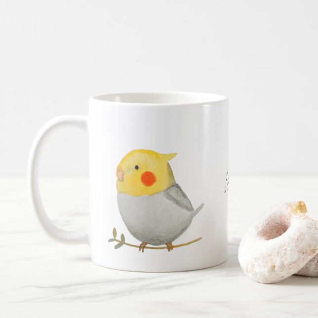 Gray Yellow Cockatiel Cute Pet Bird Custom name  Coffee Mug (With Donut)