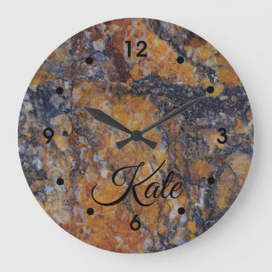 Gray Yellow Ochre Rust Marble Image Black Name Large Clock