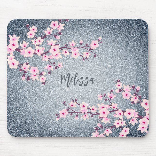 Grayish Blue Glitter Cherry Blossom Monogram  Mouse Mat (Front)