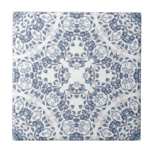 Grayish  Blue White Floral Mandala Tile