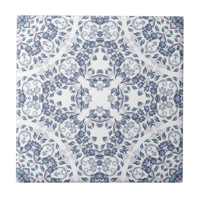 Grayish  Blue White Floral Mandala Tile (Front)