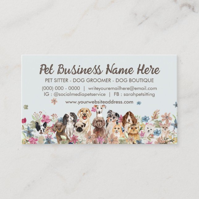 Grayish Elegant Flowers Dog Trainer Business Card (Front)