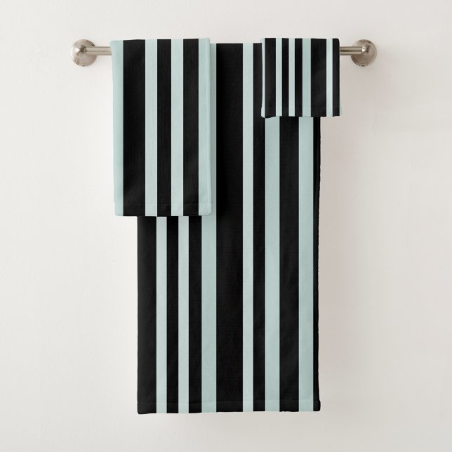 Grayish Grey Green Line Stripes On Black  Bath Towel Set (Insitu)