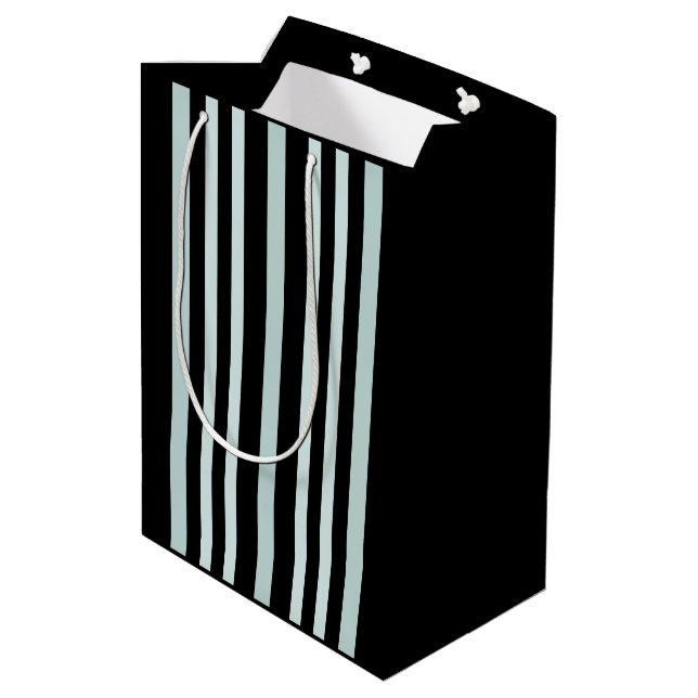 Grayish Grey Green Line Stripes On Black  Medium Gift Bag (Back Angled)