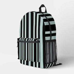 Grayish Grey Green Line Stripes On Black Printed Backpack