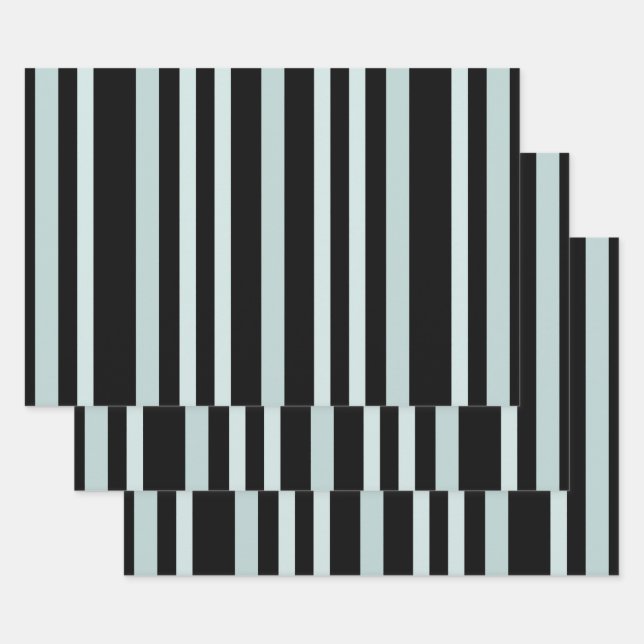 Grayish Grey Green Line Stripes On Black  Wrapping Paper Sheet (Set)
