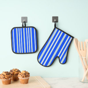 Grayish Grey Green Line Stripes On Blue  Oven Mitt & Pot Holder Set