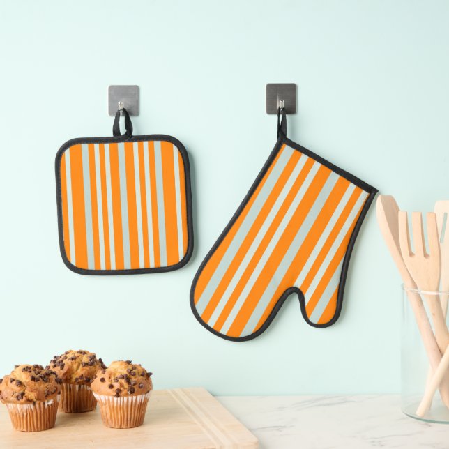 Grayish Grey Green Line Stripes On Orange  Oven Mitt & Pot Holder Set (Insitu(Hanging))