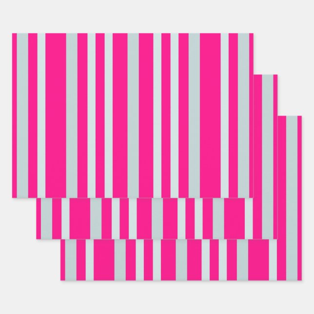 Grayish Grey Green Line Stripes On Pretty In Pink  Wrapping Paper Sheet (Set)
