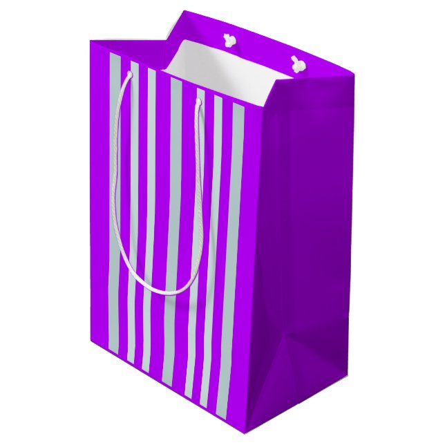 Grayish Grey Green Line Stripes On Pretty Purple  Medium Gift Bag (Back Angled)
