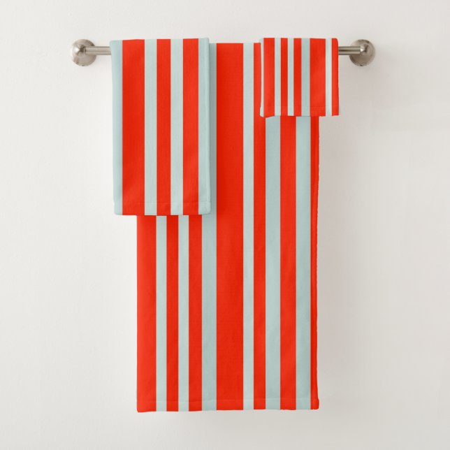 Grayish Grey Green Line Stripes On Red Bath Towel Set (Insitu)