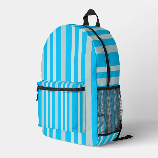 Grayish Grey Green Line Stripes On Sky Blue  Printed Backpack (Back Corner Right)