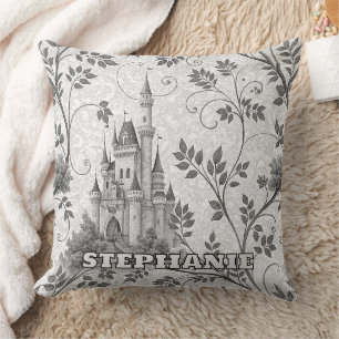 Grayscale Fairytale Castle with Ornate Vine Border Cushion