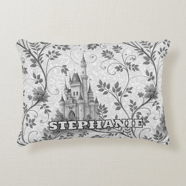 Grayscale Fairytale Castle with Ornate Vine Border Decorative Cushion (Front)