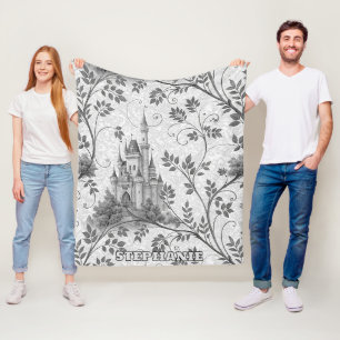 Grayscale Fairytale Castle with Ornate Vine Border Fleece Blanket