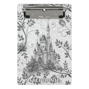Grayscale Fairytale Castle with Ornate Vine Border Mini Clipboard