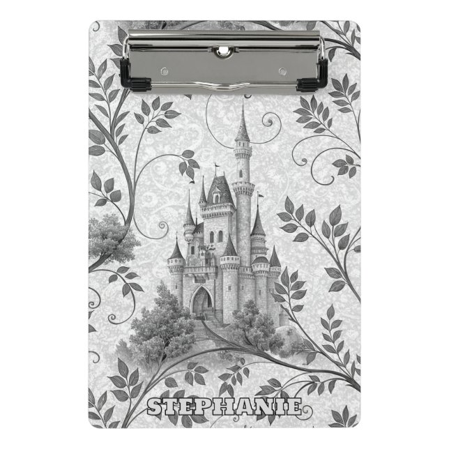 Grayscale Fairytale Castle with Ornate Vine Border Mini Clipboard (Front)