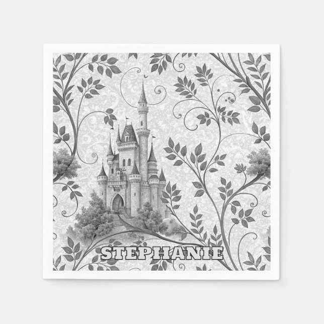 Grayscale Fairytale Castle with Ornate Vine Border Napkin (Front)