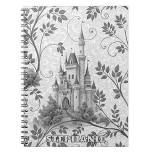 Grayscale Fairytale Castle with Ornate Vine Border Notebook