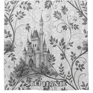 Grayscale Fairytale Castle with Ornate Vine Border Shower Curtain