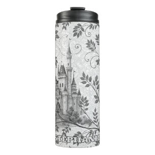 Grayscale Fairytale Castle with Ornate Vine Border Thermal Tumbler