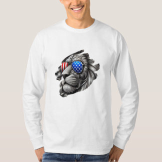 Grayscale Lion Art with American Flag Sunglasses T-Shirt