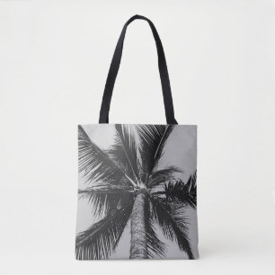 GRAYSCALE LOW ANGLE PHOTOGRAPHY OF COCONUT PALM TR TOTE BAG