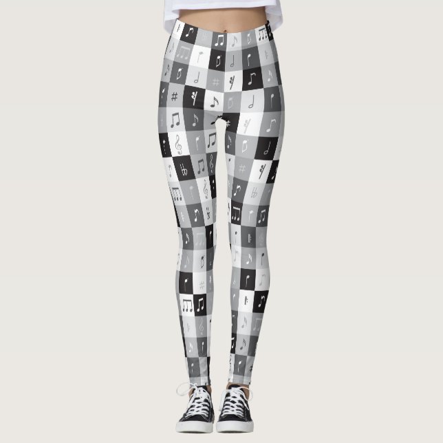 Grayscale music notes pattern leggings (Front)