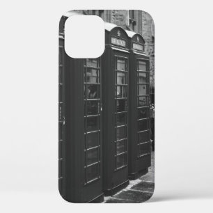 GRAYSCALE PHOTO OF FOUR TELEPHONE BOOTHS LINED UP iPhone 12 CASE