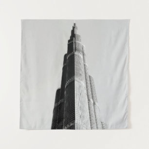 GRAYSCALE PHOTO OF HIGH RISE BUILDING TAPESTRY