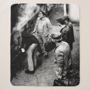 GRAYSCALE PHOTO OF MEN STANDING BESIDE 60163 TRAIN SHERPA BLANKET
