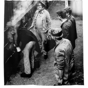 GRAYSCALE PHOTO OF MEN STANDING BESIDE 60163 TRAIN SHOWER CURTAIN