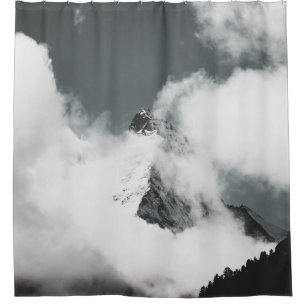 GRAYSCALE PHOTO OF MOUNTAIN COVERED IN CLOUDS SHOWER CURTAIN