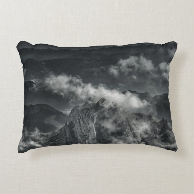 GRAYSCALE PHOTO OF MOUNTAIN RANGE DECORATIVE CUSHION (Front)