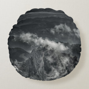 GRAYSCALE PHOTO OF MOUNTAIN RANGE ROUND CUSHION
