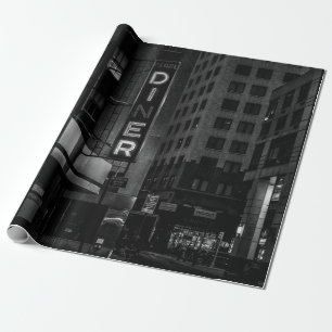 GRAYSCALE PHOTO OF PEARL DINER SIGN IN CITY WRAPPING PAPER