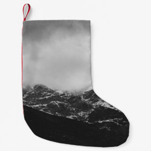 GRAYSCALE PHOTO OF SNOW COVERED MOUNTAIN SMALL CHRISTMAS STOCKING