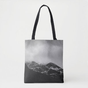 GRAYSCALE PHOTO OF SNOW COVERED MOUNTAIN TOTE BAG