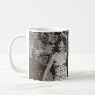 GRAYSCALE PHOTO OF THREE WOMEN STANDING AND SITTIN COFFEE MUG