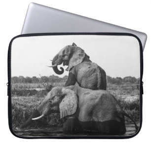 GRAYSCALE PHOTO OF TWO ELEPHANTS ON BODY OF WATER LAPTOP SLEEVE