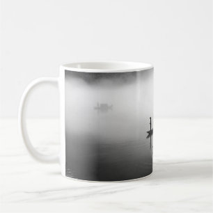 GRAYSCALE PHOTO OF TWO ROW BOATS COFFEE MUG