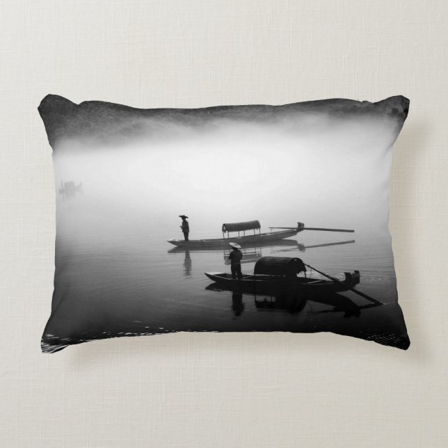 GRAYSCALE PHOTO OF TWO ROW BOATS DECORATIVE CUSHION (Front)