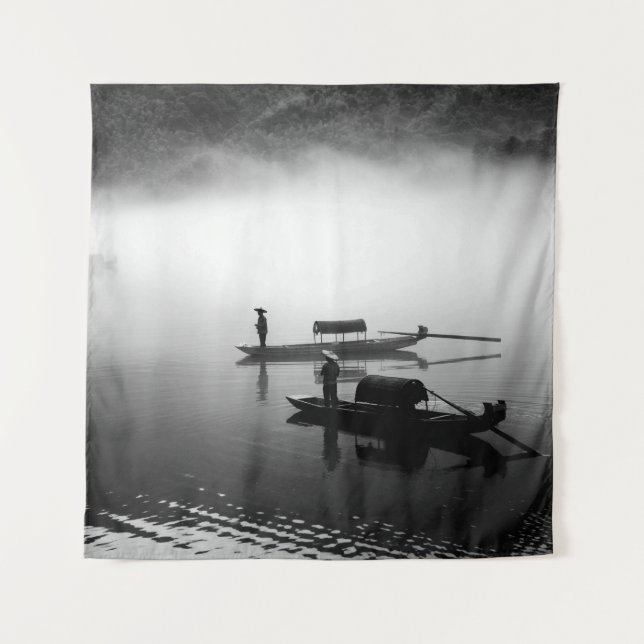 GRAYSCALE PHOTO OF TWO ROW BOATS TAPESTRY (Front)