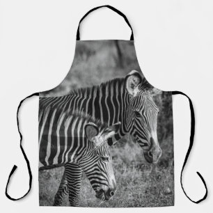 GRAYSCALE PHOTO OF ZEBRAS APRON